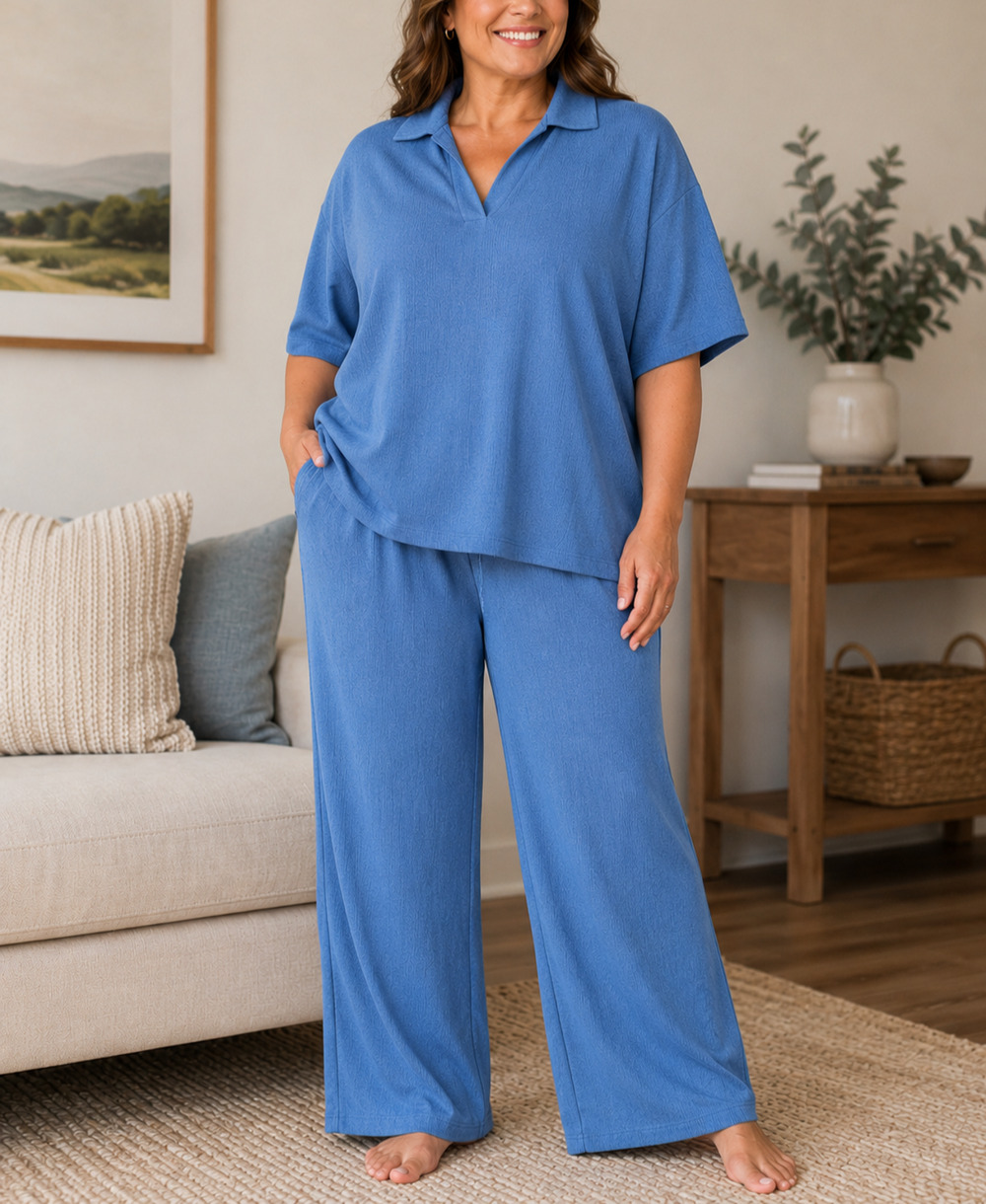 Cuddl Duds 2XL Blue 2 Pc Lounge Set Textured Tunic Top Pull On Pants